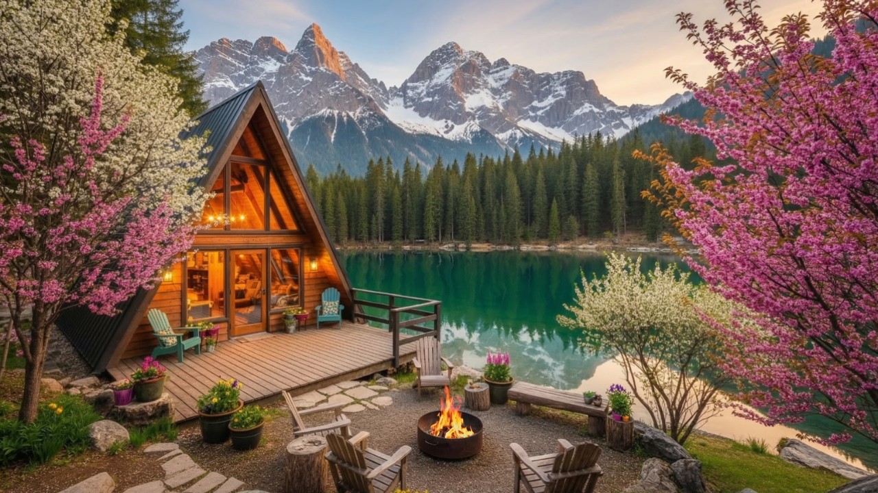 Relaxing Spring Blossom Lakeside Cabin Ambience 🌸| Cozy Campfire ...