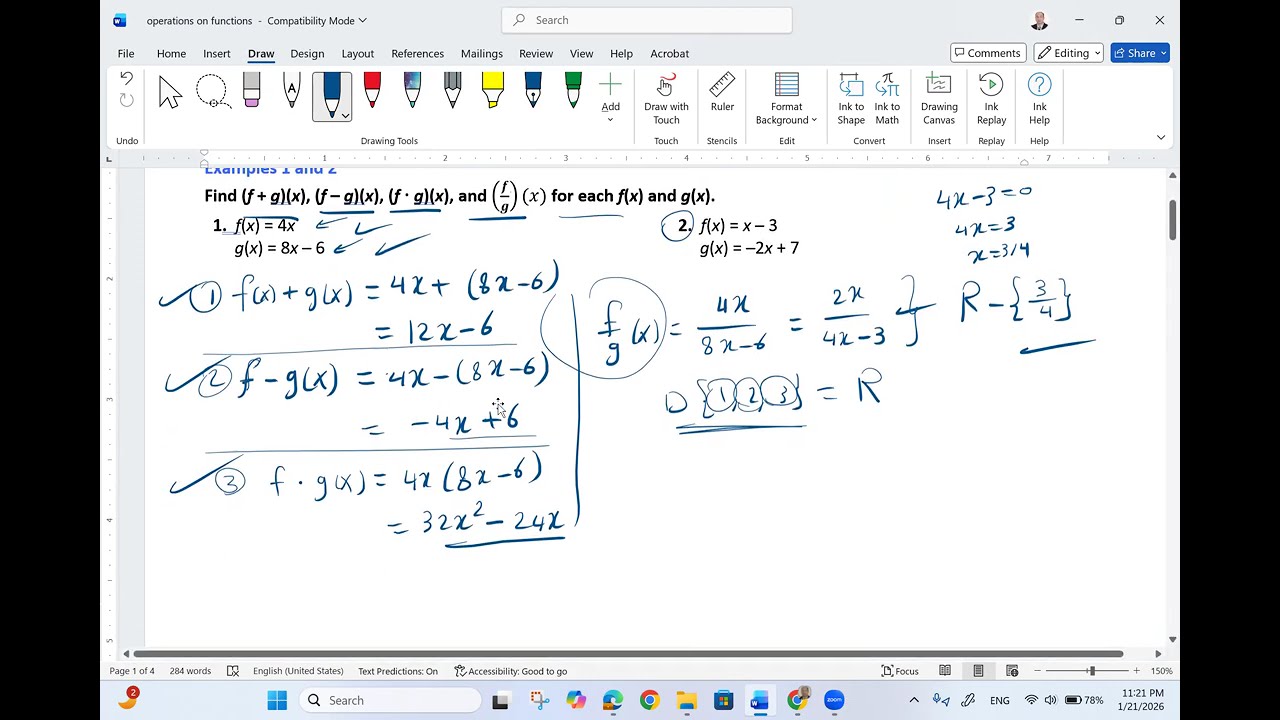 Операции над функциями. Укажите область определения и область значений каждой функции, часть 1.