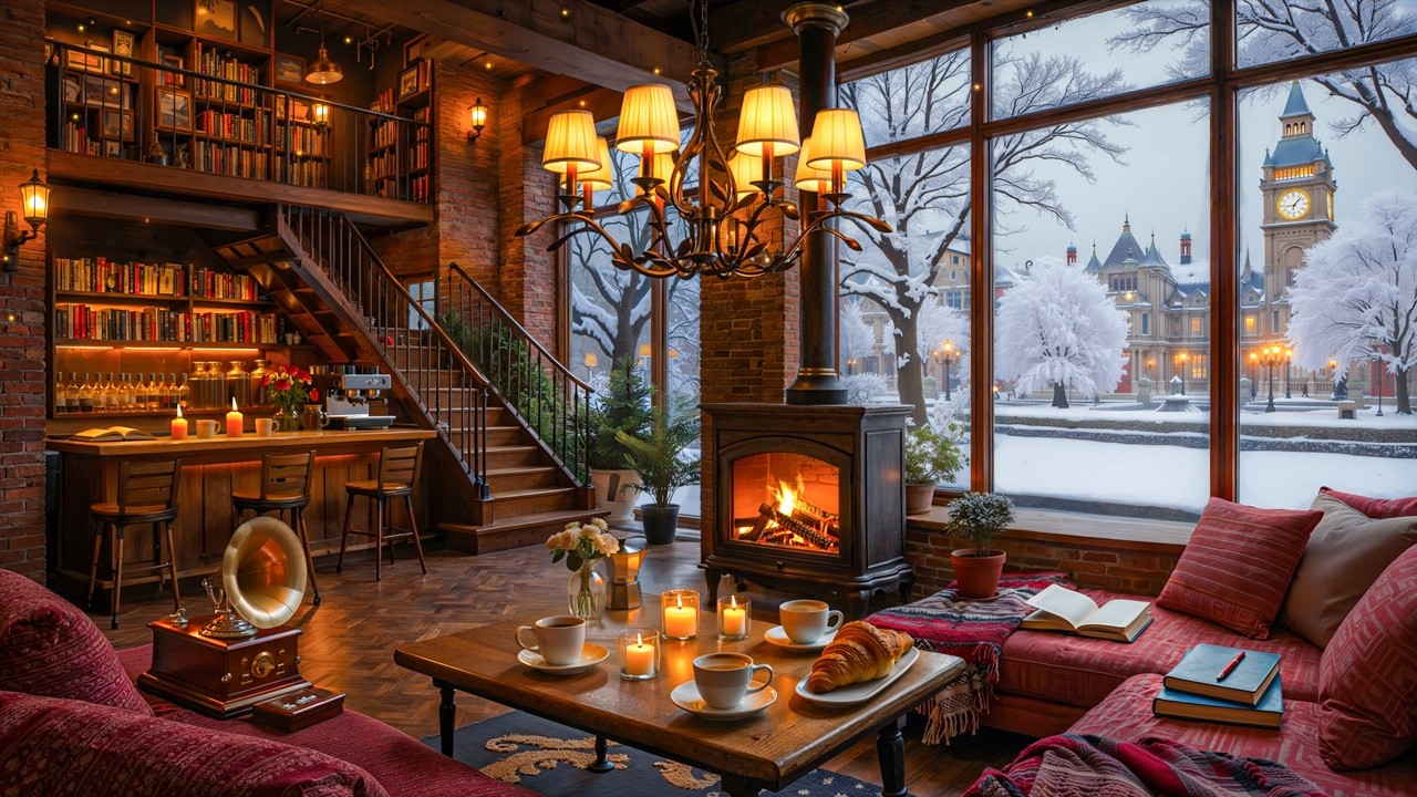 Peaceful Snowfall Winter Jazz at Cozy Coffee Shop ☕ Relaxing Piano Jazz | Fireplace Sounds & Silence