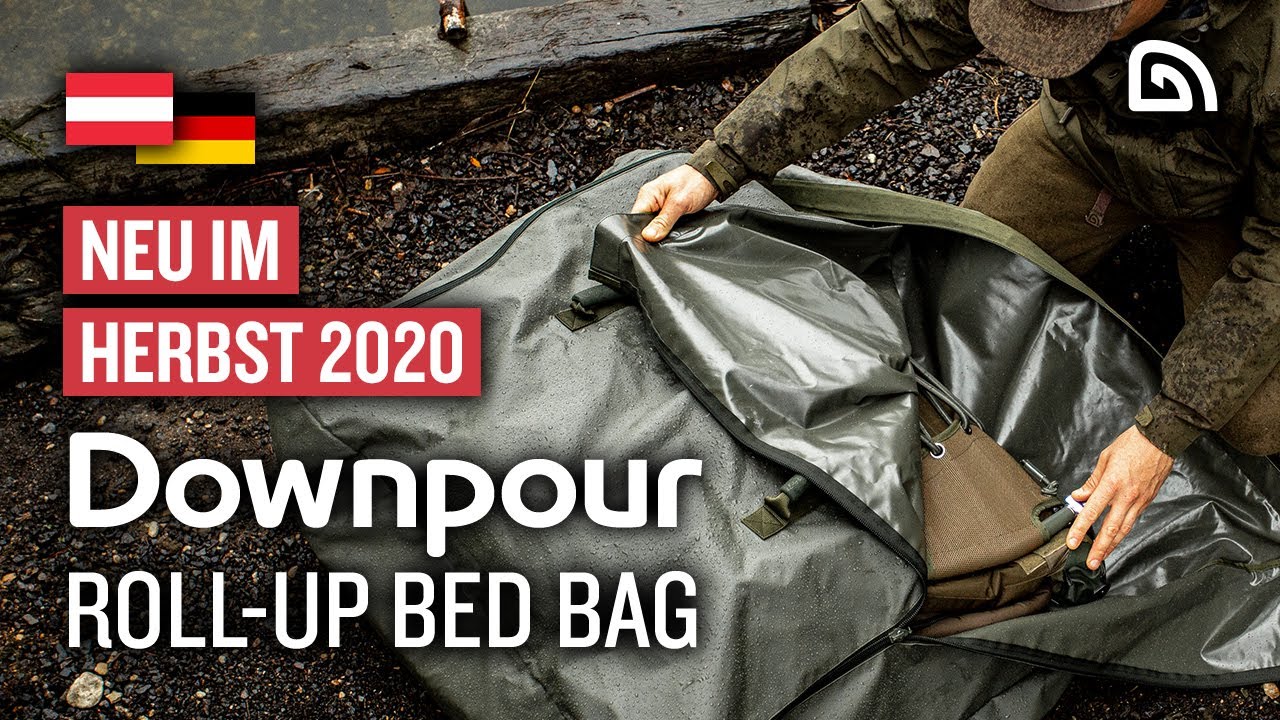 Trakker Produkt-Teaser: Downpour Roll-Up Bed Bag | wasserdichte Liegen Tasche | Karpfenangeln