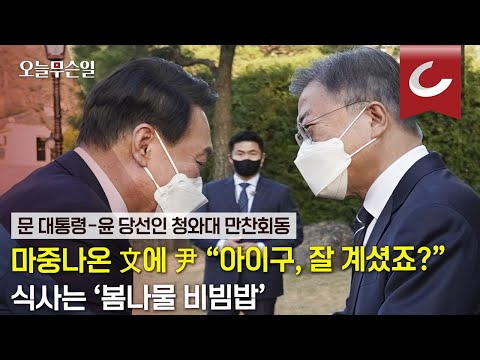 [오늘무슨일] 마중나온 文에 尹 “<strong>아이구</strong>, 잘 계셨죠?” 식사는 ‘봄나물 비빔밥’