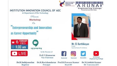 MHRD IIC | Arunai Engineering College | Entrepreneurship and Innovation as Career Opportunity