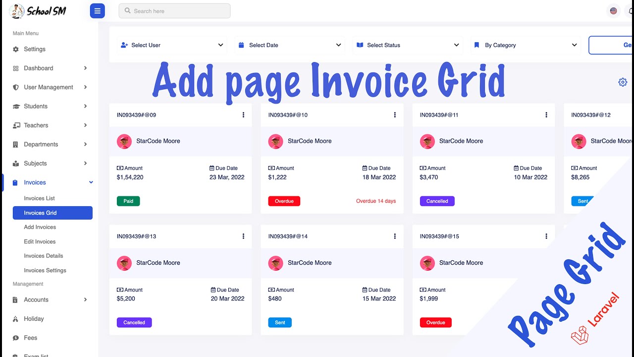 Add page Invoices Grid Laravel 10 | School System - YouTube