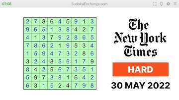 New York Times Sudoku Hard Level - 30 May 2022
