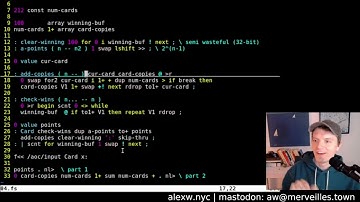 Advent of Code Day 4 in Forth (Dusk OS) Scratchcards