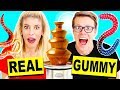 Gummy Food vs Real Food Chocolate Fondue Challenge! Giant Gummy Candy Worm