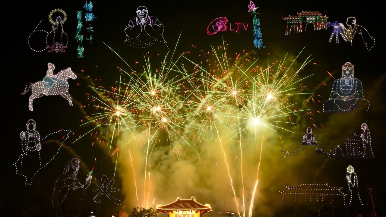 2026佛光山春節平安燈會「和諧共生 馬到成功」大雄寶殿無人機+煙火秀展演