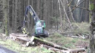 Huge trees being felled by John Deere Harvester in Galloway Forest, Scotland.