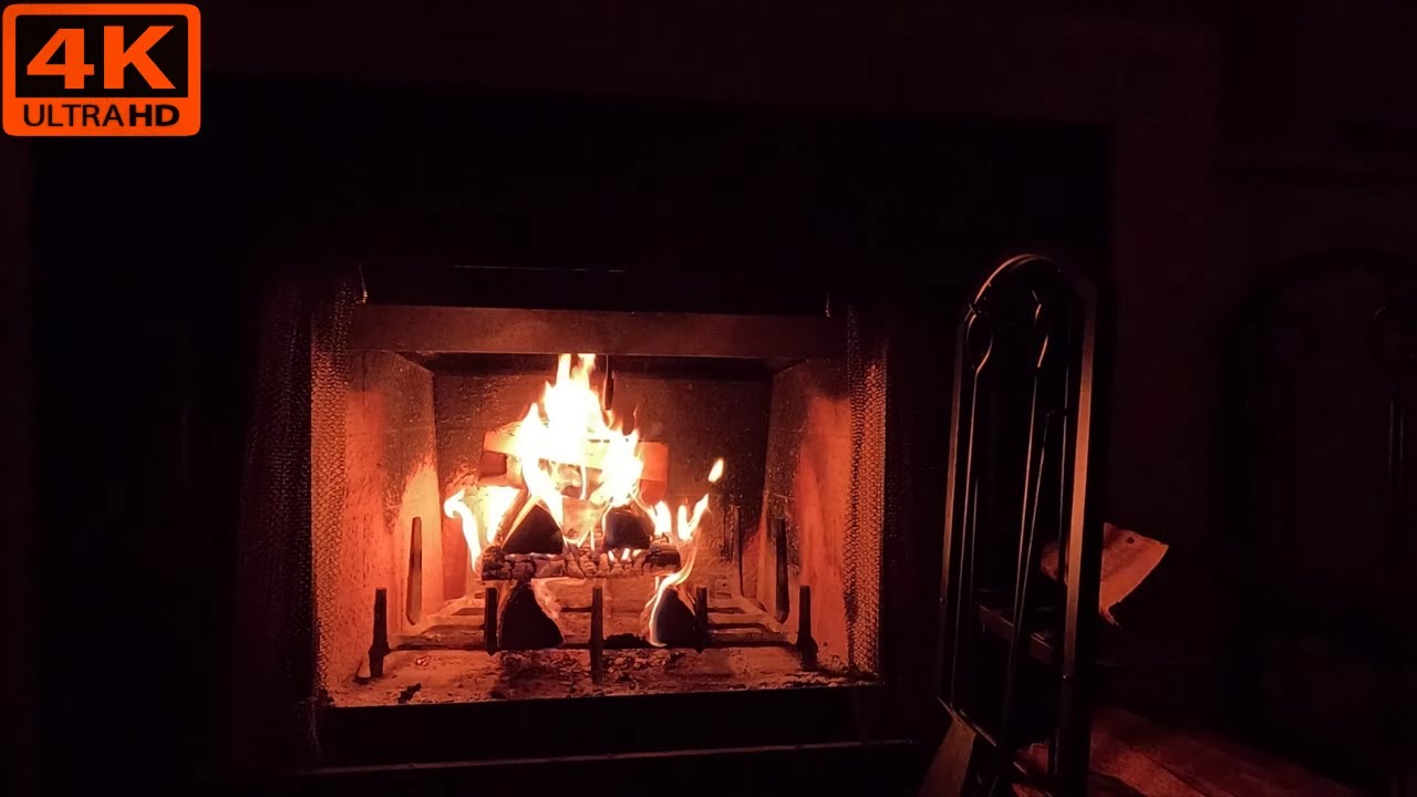 Real Wood Fireplace Burning On A Cold & Windy Wintry Night (4K)