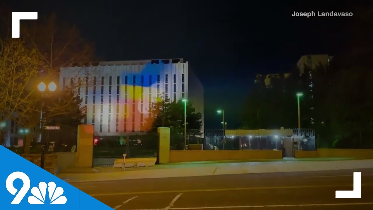 Russian Embassy blocks projection of Ukrainian flag – 9NEWS