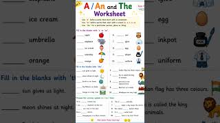 ✨A/An and The Articles worksheet sheet for kids🧠l English grammar#trending #english #article #