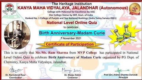 National Science Day l Free Certificate Quiz on Madam Curie l Madam Curie Quiz l Science Day Quiz