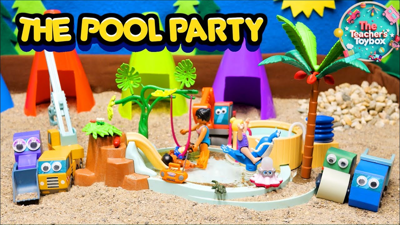 Construction Trucks Build the Pool Party! | Toy Pretend Play | Construction Truck Adventures