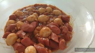 Spicy baked beans(pork&beans) with hotdog and quail egg