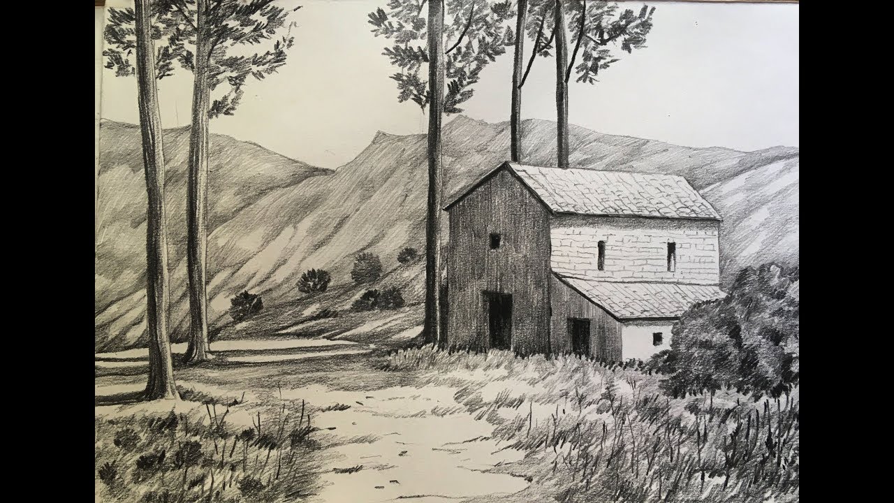 Simple landscape drawing in pencil how to draw a scenery 