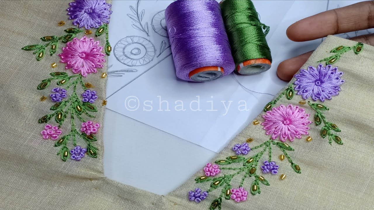 Pink flowers embroidery neck design|neck embroidery design with lazy daisy