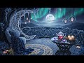 Fantasy Winter Balcony Ambience 🌙 Howling Wind, Snowfall, Candlelight &amp; Aurora Sky