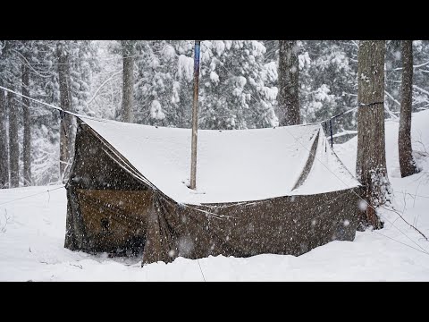 大雪のソロキャンプ|ホットテントと朝まで降り続く雪