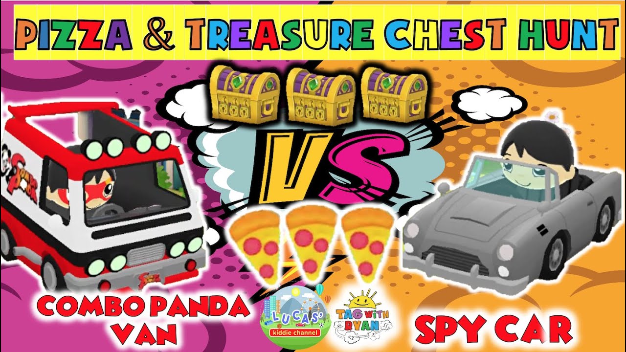 TAG WITH RYAN | PIZZA & TREASURE CHEST HUNT COMBO PANDA VAN VS. SPY CAR | TAG WITH RYAN GAME