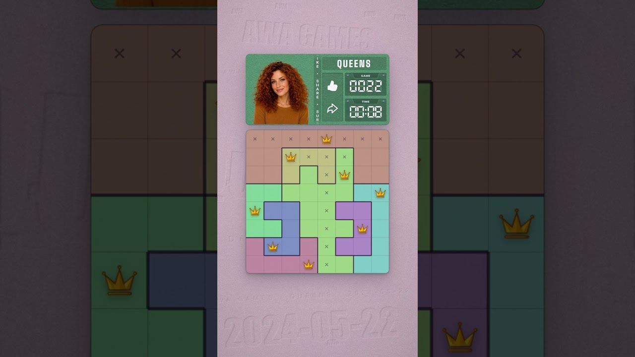 LinkedIn Queens #22 solved board for May 22, 2024, 8x8 grid