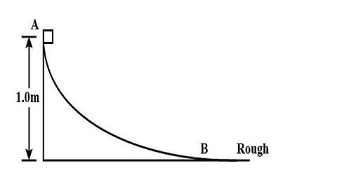 A block weighing 10 N travels down a smooth curved track AB joined to a rough horizontal surface