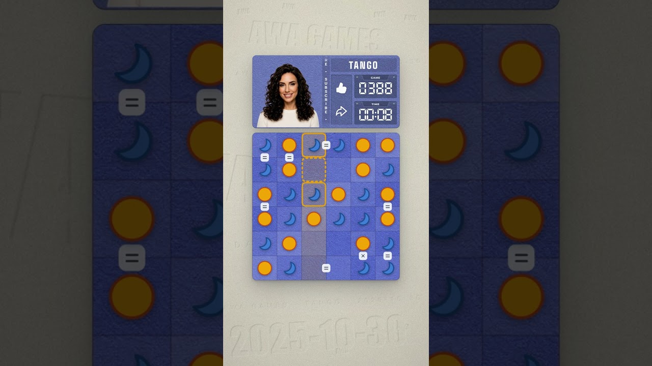 LinkedIn Tango #388 solved board for October 30, 2025, 6x6 grid
