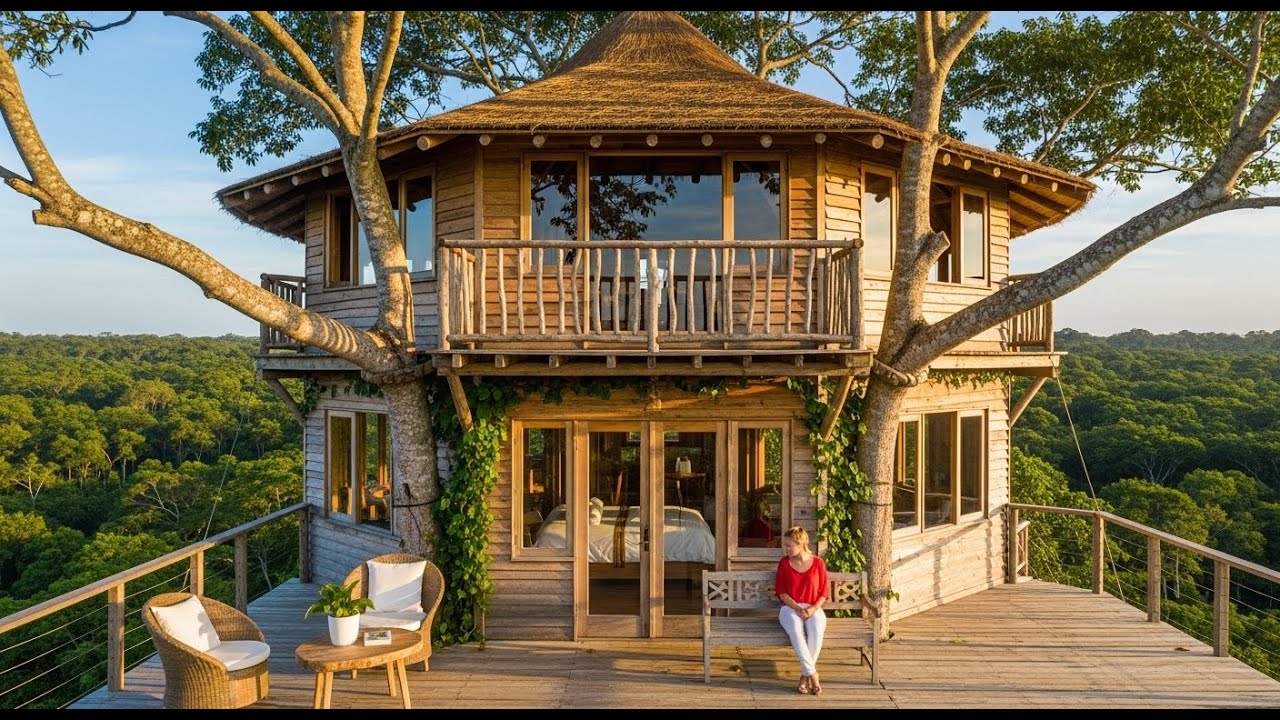 Women Building Treehouse in the Woods One Woman Builds a Wooden House High in an Ancient Tree 4k