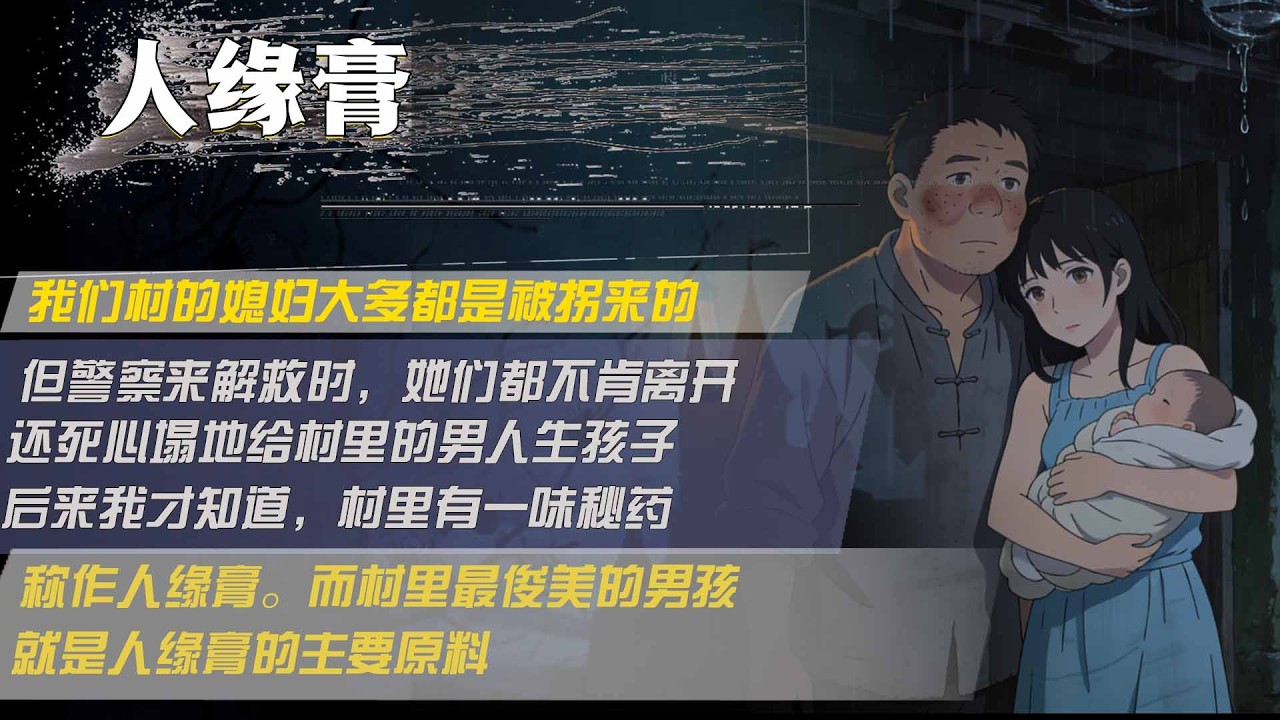 我們村的媳婦大多都是被拐來的，但員警來解救時，她們都不肯離開，還死心塌地給村裏的男人生孩子，後來我才知道，村裏有一味秘藥，稱作人緣膏。而村裏最俊美的男孩，就是人緣膏的主要原料