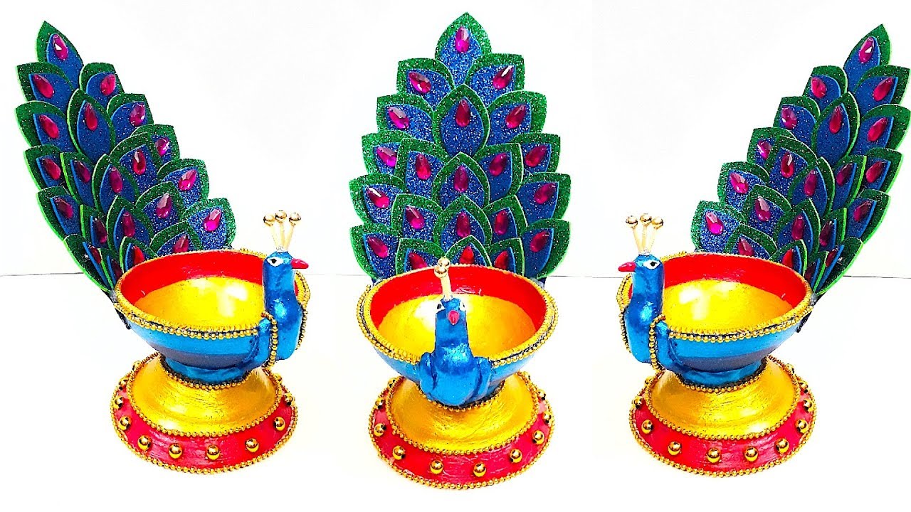 DIY-Easy Diya/Peacock Diya Decoration Ideas|Diwali Diya Decoration ...
