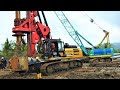 Excavator Drilling Rig Crane Ready Mix Trucks Working On The Deep Foundation Railway Construction