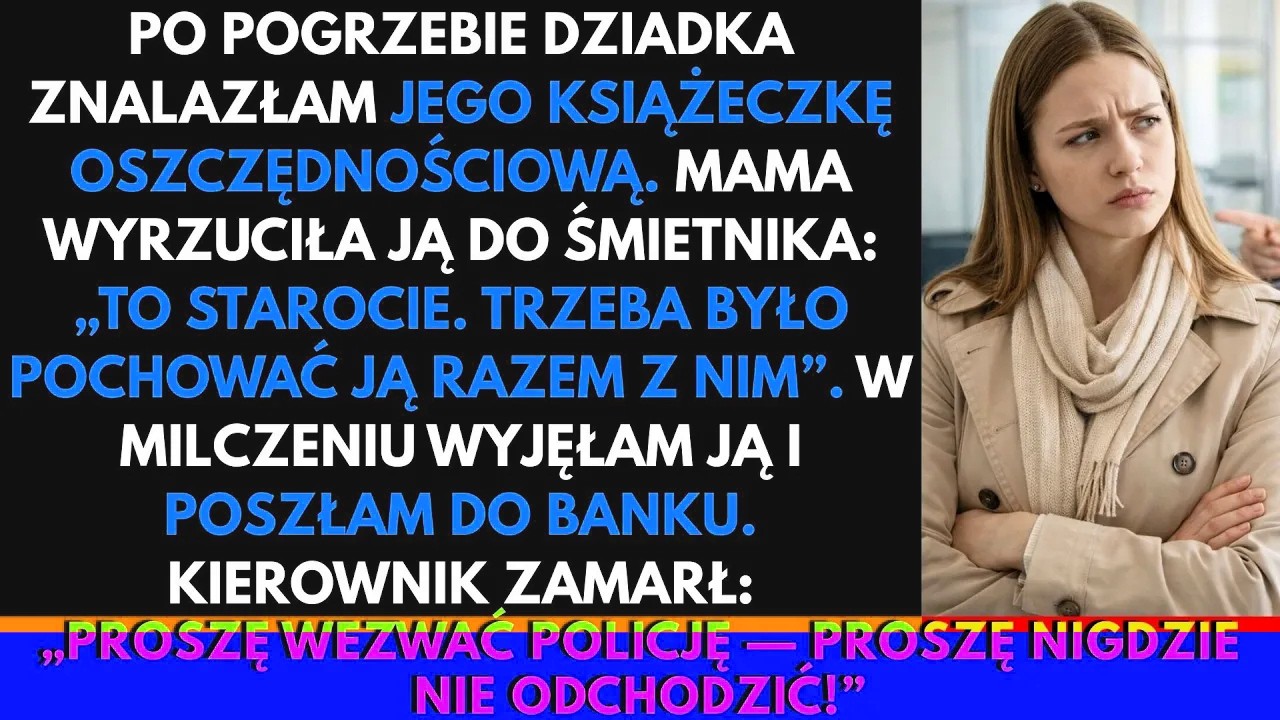 Na pogrzebie dziadka znalazłam jego starą książeczkę oszczędnościową. Mama wyrwała mi ją z rąk i cisnęła do śmieci, sycząc: „To stare rupiecie, powinni byli pochować je razem z nim!" Dopiero gdy...