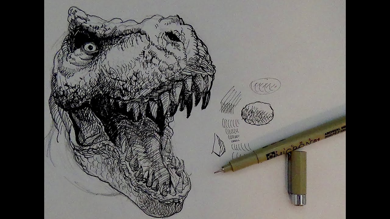 Pen and Ink Drawing Tutorials | How to draw a T-rex Dinosaur - YouTube