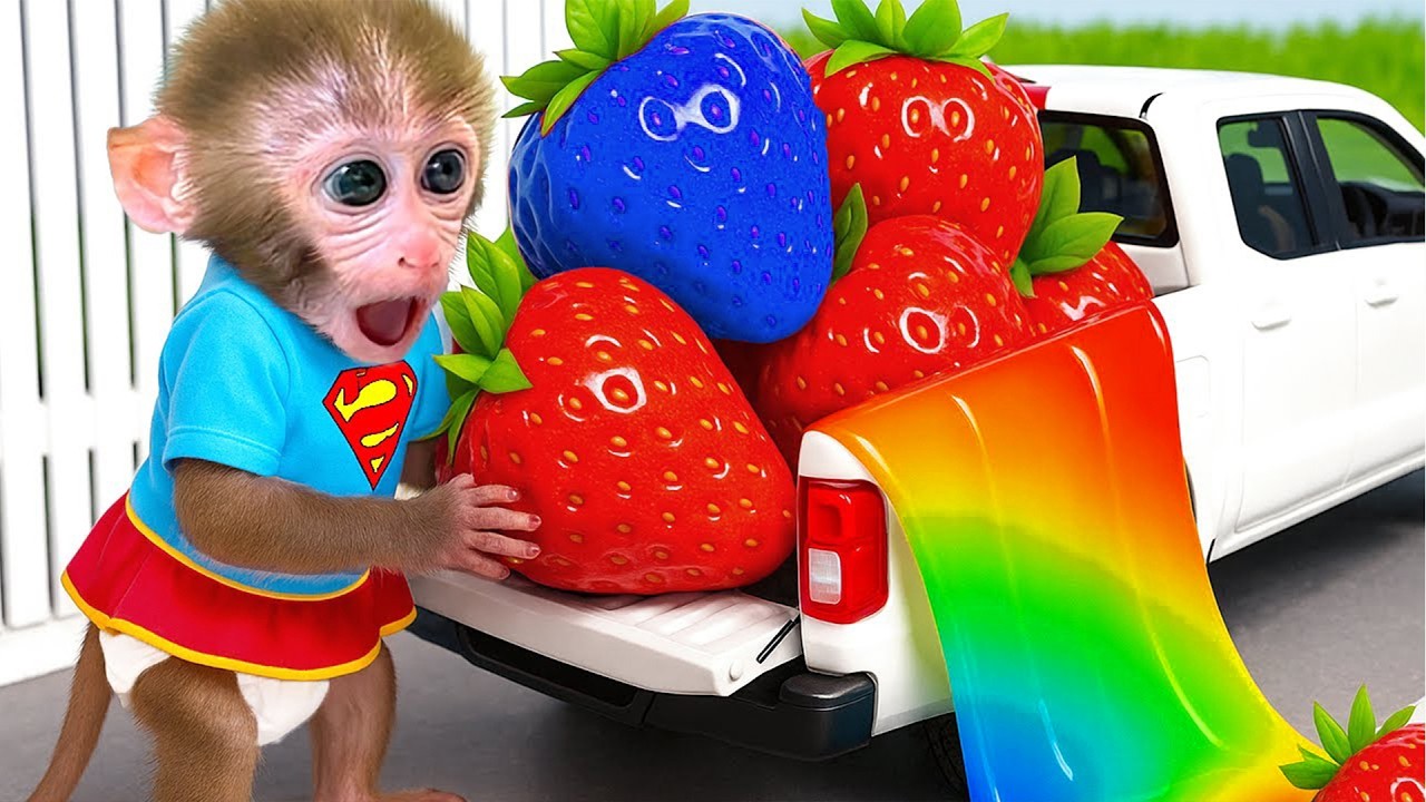 Affe BonBon fährt ein supercooles Auto und bringt magische Erdbeeren zum fröhlichen Anwesen