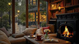 Cozy Rain Jazz Coffee Shop ☕ Soft Jazz Piano &amp; Fireplace Ambience for Work &amp; Relax