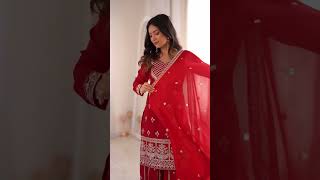 Red Dori Embroidered Georgette Engagement Wear Sharara Suit