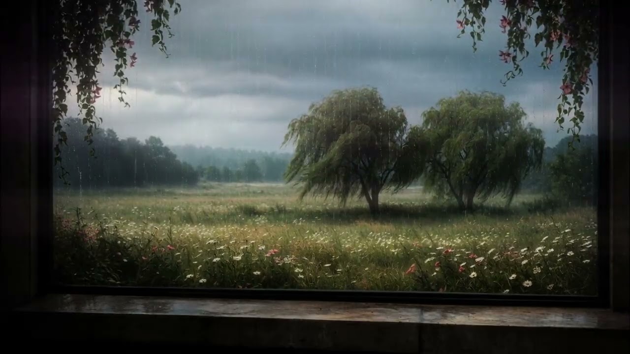 Rain on Window with Distant Thunder 🌧️ Cozy Meadow Ambience for Sleep & Study (1 Hour)