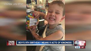 Clearwater’s inspiring 'Kindness Kid' giving nine gifts of generosity on his 9th birthday