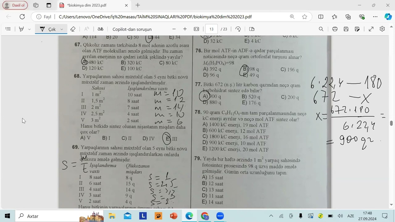 DİM-2023 HÜCEYRƏ BİOKİMYASI. MADDƏLƏR MÜBADİLƏSİ. ENERGETİK VƏ PLASTİK MÜBADİLƏ TEST İZAHI - 63-109