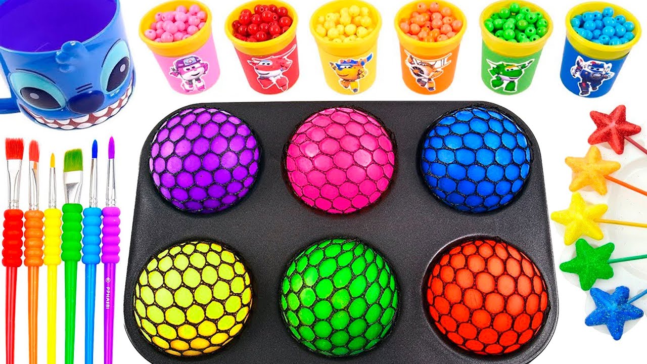 Satisfying Video l DIY How To Make 6 Rainbow Mesh Stress Balls Paw Patrol Paint with Star Wands ASMR