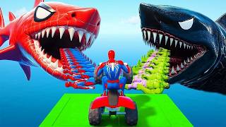 Spiderman takes on extreme mega ramp challenge GTA 5 VS Giant Sharks