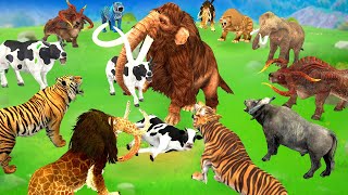 10 Mammoth Elephant vs 10 Zombie Cow vs 10 Zombie Tiger Fight Cow Buffalo Saved By Woolly Mammoth