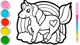 Unicorn with Clouds Drawing, Coloring and Painting For Kids and Toddlers_How to draw unicorn