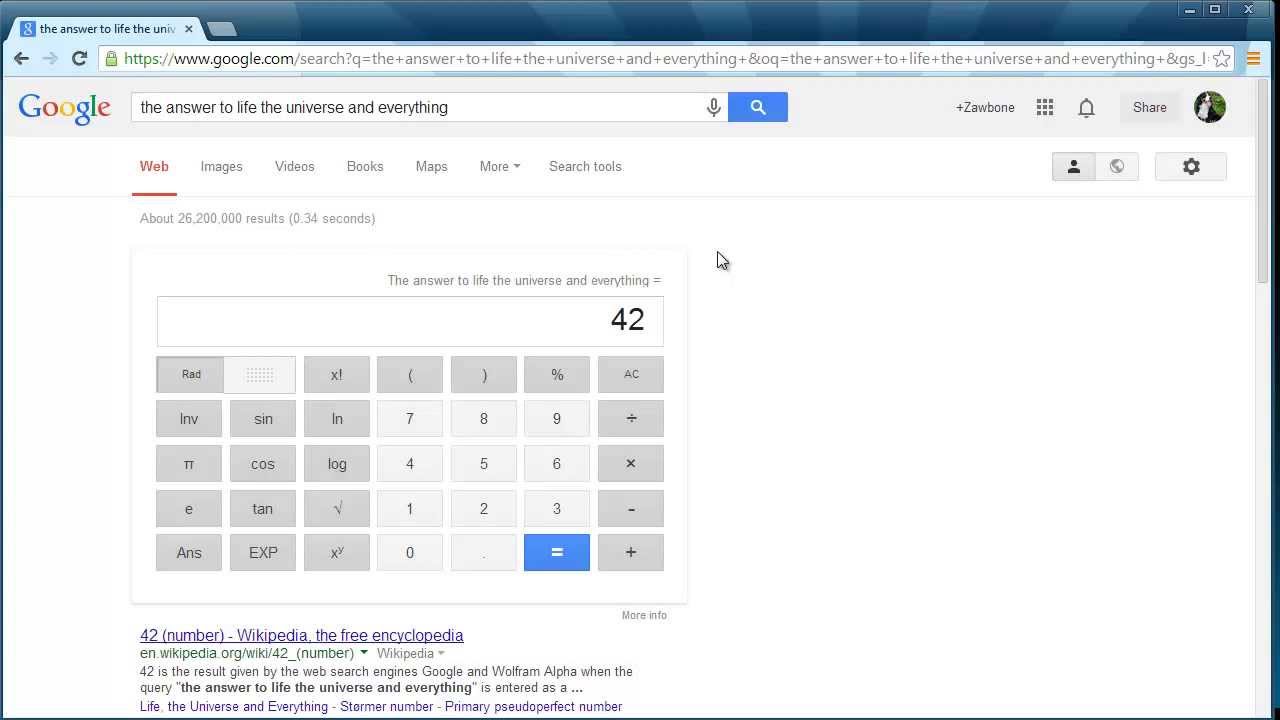 Google Easter Egg 2 The Answer To Life The Universe And Everything Is 42 Youtube