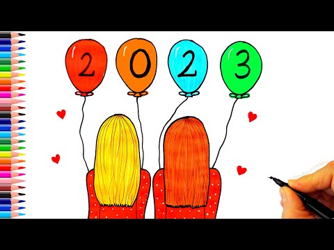 2023 Balonu Tutan İki Kız Çizimi 🎈 Yeni Yıl Resmi Çizimleri  How To Draw a Girl Celebrating New Year