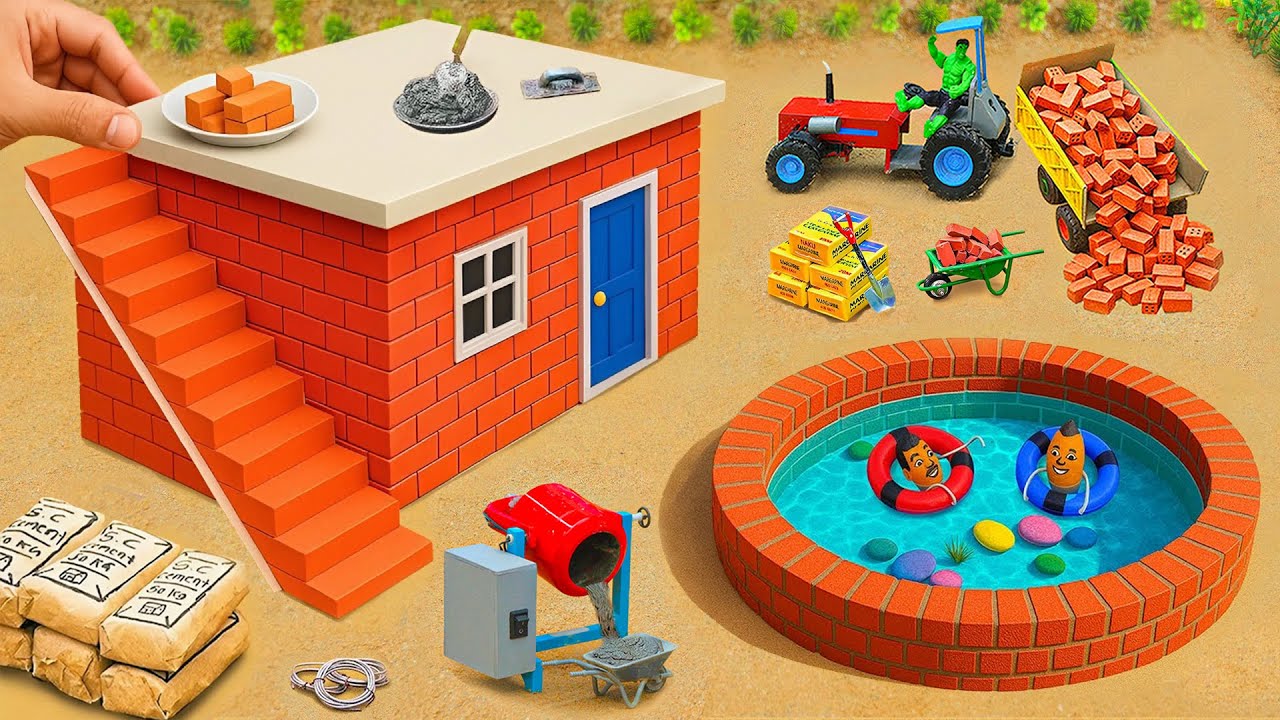 1- Day Challenge: DIY Mini Tractor Creates Incredible Mini Pool with Bricks | Science Project