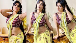 Aunty Yellow Saree Huge Deep Navel Sexy Belly Hot Desi Babe Viral Desi Reelz