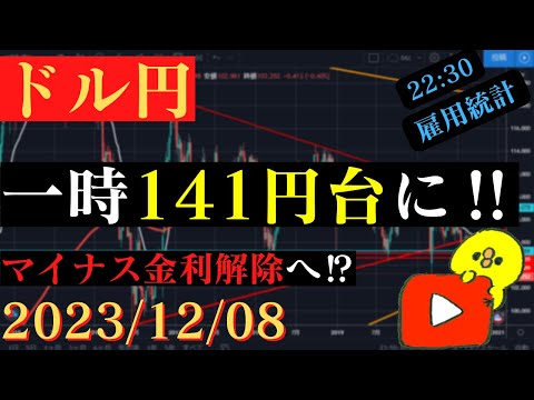 【ドル円】マイナス金利解除の期待から一時141円台へ‼本日22:30雇用統計🐥2023/12/08🐥