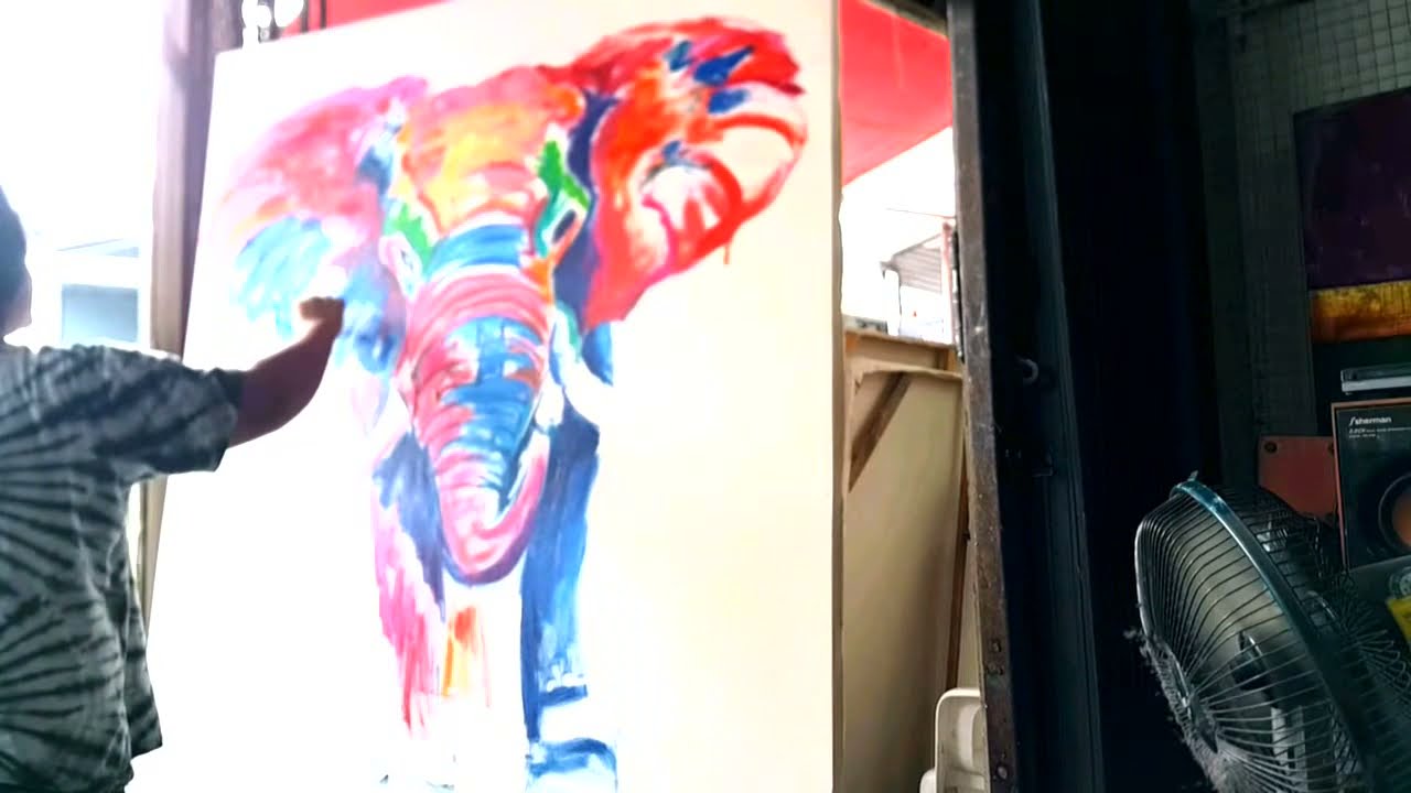 Painting Colorful  Elephant playing water fun / oil and Acrylic on canvas /Impressionist Texture