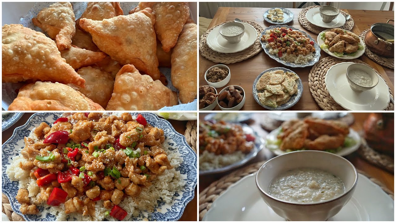 مائدة إفطار التاسع من رمضان :دجاج أسيوي بصلصلة البرتقال سامبوسك بعجينة منزلية خبز الزنجلان و البصل
