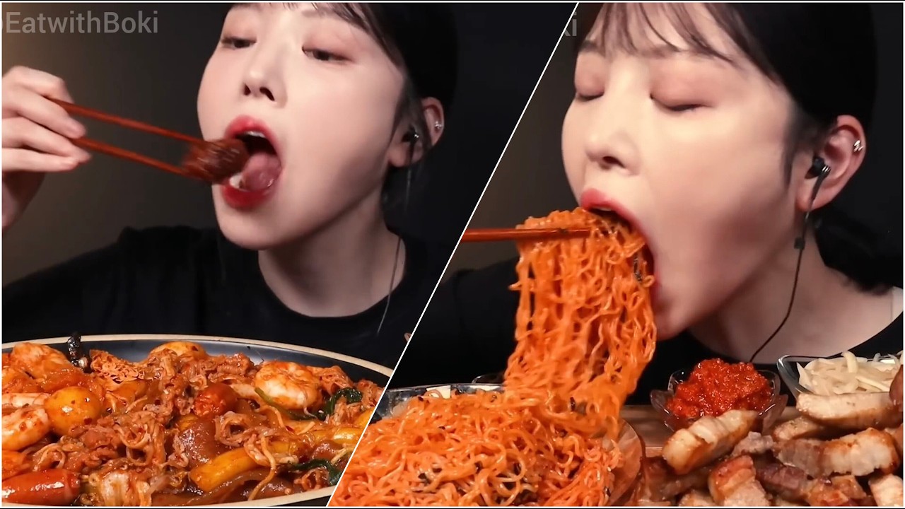 Mukbang spicy buldak tteokbokki shrimp & chicken big bites asmr compilation voll 47